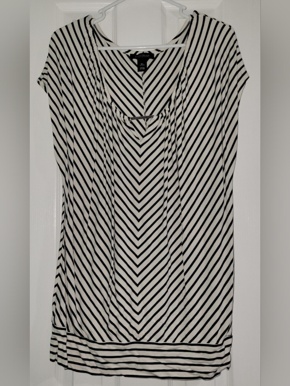 White House Black Market Black and White Striped V-Neck Blouse